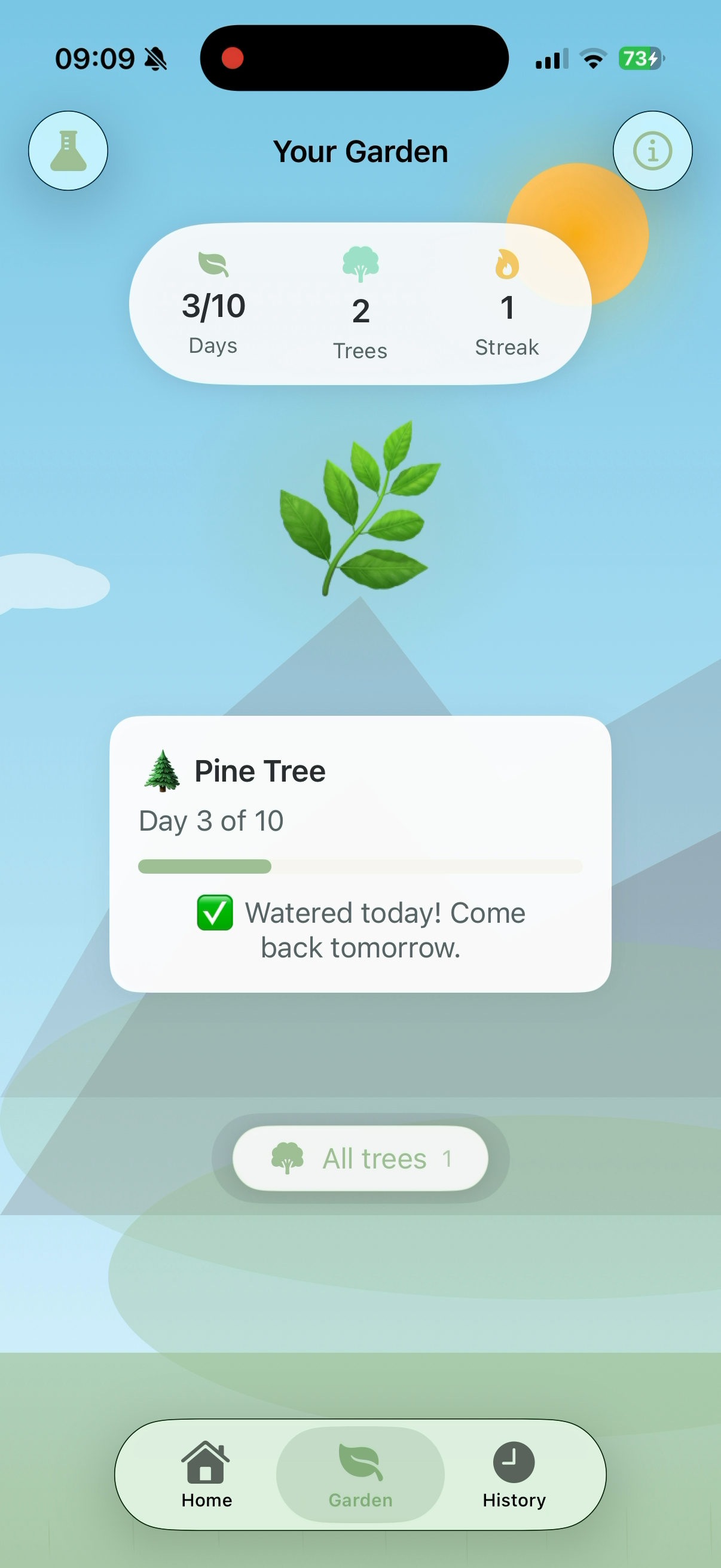 Pocket Forest garden screen showing tree growth progress