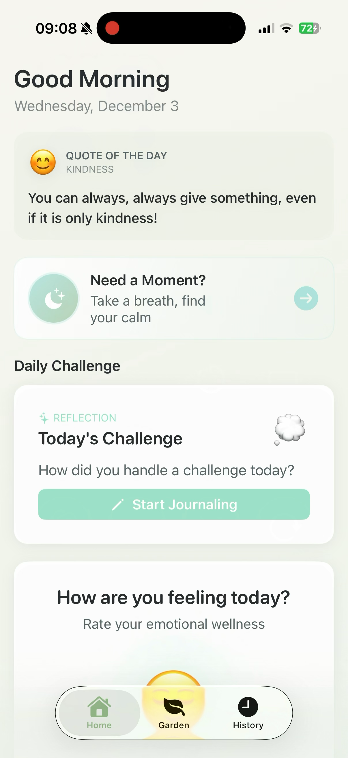 Pocket Forest home screen with daily challenges and mood check-in