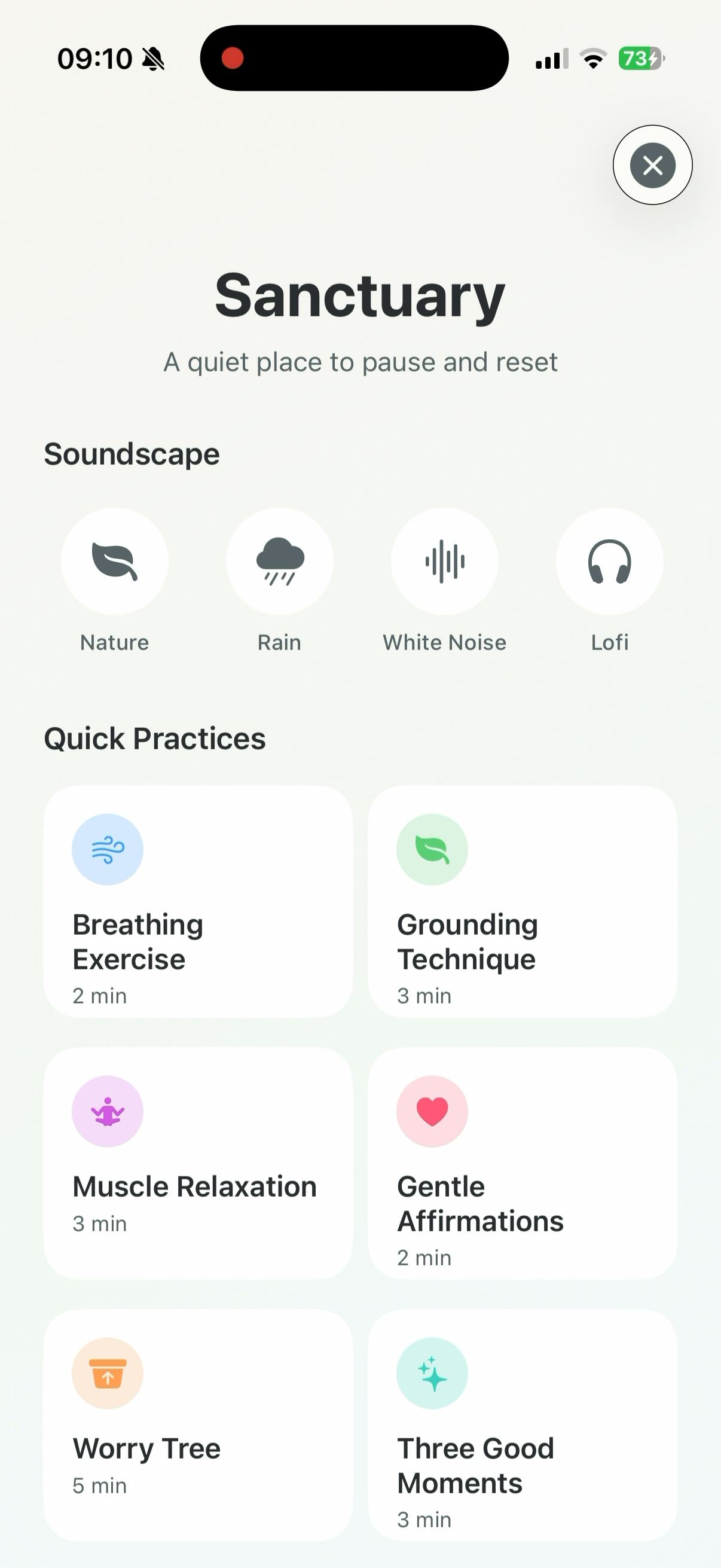 Pocket Forest sanctuary screen with soundscapes and quick practices